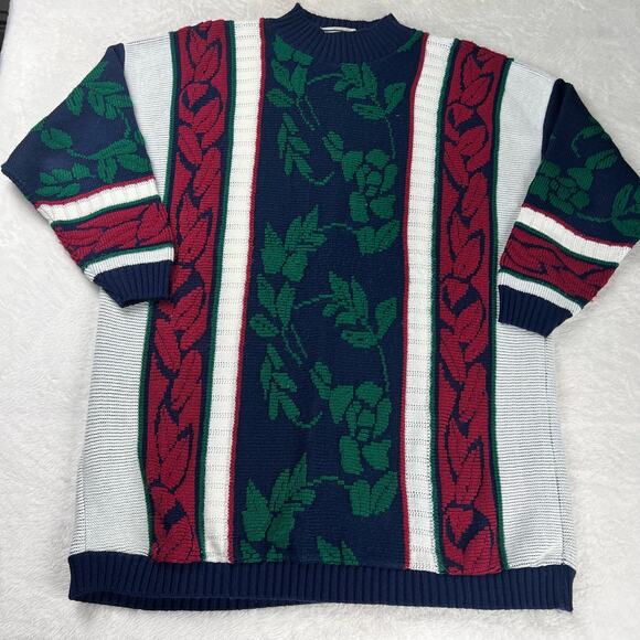Cut 4 U Vintage 1980's Long Sweater Size Large Striped Leaf Design - Picture 1 of 7